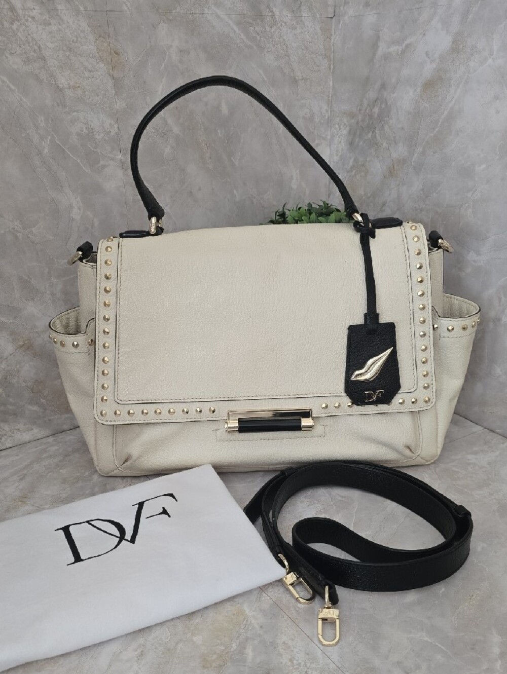 Diane von Furstenberg DVF Leather Highline Courier Satchel Cream / Black